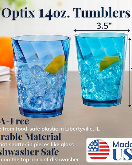 US Acrylic Optix Plastic Reusable Drinking Glasses (Set of 8) 14oz Rocks Cups in Coastal Colors | BPA-Free Tumblers, Made in USA | Top-Rack Dishwasher Safe