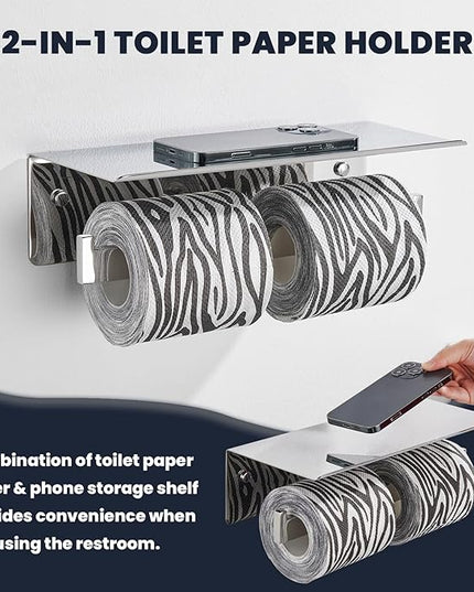 Suyar Double Toilet Paper Holder, SUS 304 Stainless Steel Bathroom Toilet Paper Roll Holder with Shelf, Polished Chrome