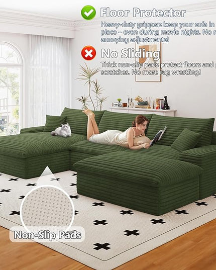 107" Cloud Couch Modular Sectional Sofa for Living Room, U-Shape Boneless Couch with Deep Seat, Modern Corduroy 3-Seater with Ottoman, No Assembly Required (Green,Left-Facing Chaise)