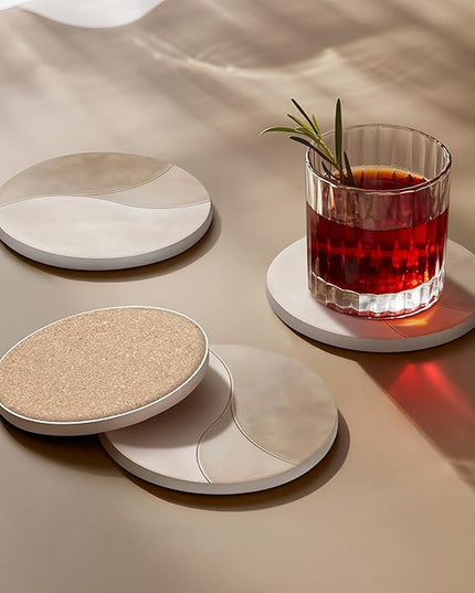 VEYRO Coasters Set of 6 for Drinks – Absorbent Ceramic Stone Drink Coasters with Cork Backing for Coffee Table & Desk, Modern Marble Look Cup Coaster Set, Housewarming Gift for New Home