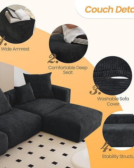 JACH Modern Corduroy Sectional Couch, Modular Sectional Sofa with Chaise Ottoman, Cushion Covers Removable, Oversized Deep Seat Soft Couches for Living Room, Office (Black)