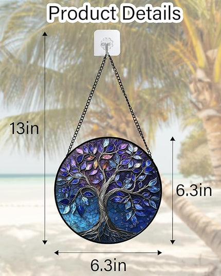 Stained Glass Window Hanging, Blue Purple Tree of Life Sun Catchers Colorful Glass Panel Plants Suncatcher Decor for Birthday for Women,Men,Wife, Lovers, and Mom 6.3 in