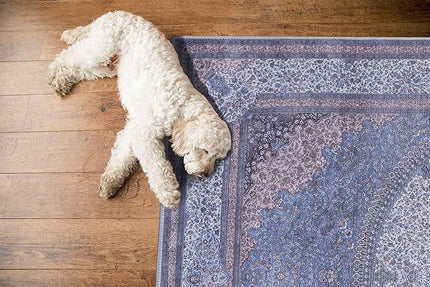 GLN Rugs Traditional Collection - Machine Washable Area Rug, Traditional Washable, Non Slip, Low Pile Chenille Rug, Living Room, Bedroom, Kitchen Rug (6'-6" x9'-6" Navy/Off White)