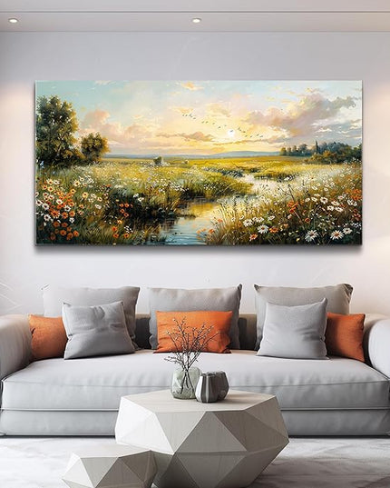 XIGUANGART Rustic Landscape Wall Art Canvas Prints Nature River Meadow flowers Wall Decor Sunset Pastoral Abstract Pictures Modern Artwork for Living Room Bedroom Kitchen Office Large Home Decorations
