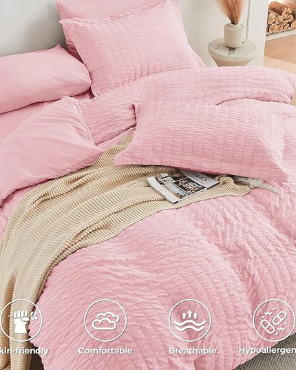 HYMOKEGE Pink King Size Comforter Set Seersucker 7 Pieces, All Season Luxury Bed in a Bag for Bedroom, Bedding Set with Comforters, Sheets, Pillowcases & Shams