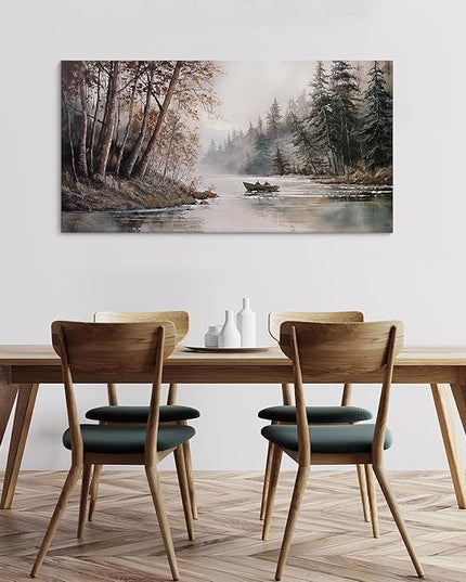 HGUAOA Mountain Canvas Wall Art Rustic Lake Landscape - Nature & Forest Scenery Paintings Pictures for Living Room & Bedroom Wall Decor Vintage Artwork for Walls