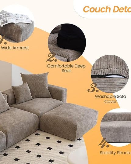 JACH Sectional Couches for Living Room, Modern Corduroy Modular Sectional Couch with Chaise Ottoman, Cushion Covers Removable, Corduroy Sofas Couches for Living Room, Office (Light Brown)