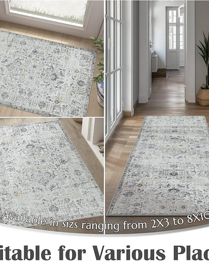 jinchan Kalen Runner Rug 3x10 Washable Area Rug Soft Vintage Indoor Floor Cover Thin Retro Distressed Grey Multi Carpet Floral Print Country Non Slip for Bathroom Kitchen Bedroom Living Room