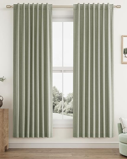 Sage Green Linen Blackout Curtains 72 Inch Length 2 Panels Set for Living Room Bedroom Back Tab Thermal Insulated 100% Black Out Linen Drapes Room Darkening Window Curtains 72 Inches Long