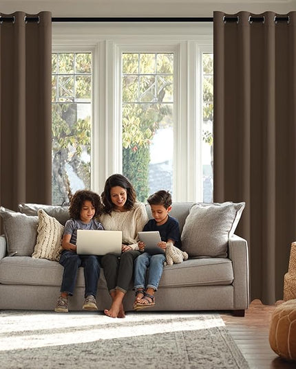 JIUZHEN Brown Blackout Curtains with Tiebacks - Thermal Insulated, Light Blocking and Noise Reducing Grommet Curtains for Bedroom and Living Room, Set of 2 Window Curtain Panels, 70 x 72 Inch Length