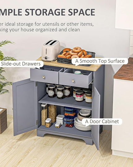 HOMCOM Sideboard with Solid Wood Countertop, Modern Kitchen Storage Cabinet, Coffee Bar Cabinet with 2 Drawers, Doors and Adjustable Shelf, Gray