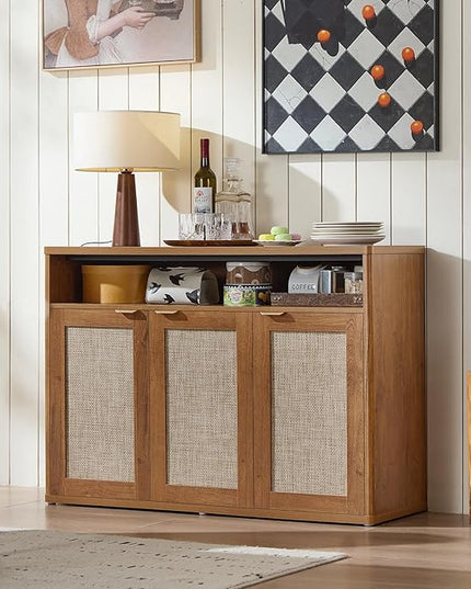 LEYAOYAO Rattan Sideboard Buffet Cabinet,45" Coffee Bar Cabinet with 3 Doors & Open Storage Shelf,Modern Credenza Console Table for Living Room Rattan Farmhouse entryway Brown