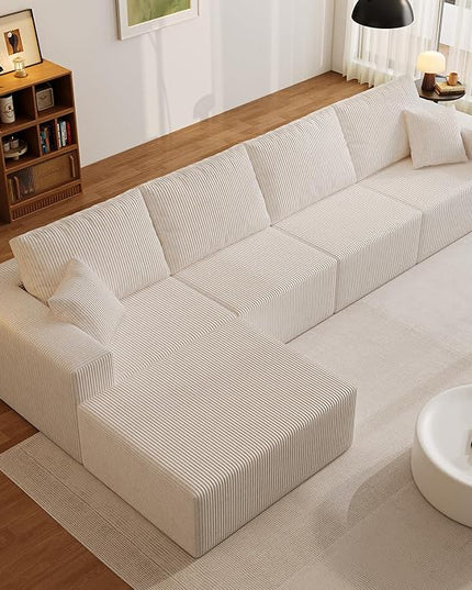 139" Boneless Cloud Sectional Couch for Living Room, Compressed Modular L-Shaped Sofa with Deep Seat, Frameless Corduroy Couch in Boxes, No Assembly Required 4-Seater (Left-Facing Chaise, Beige)