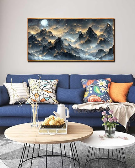 Ouzzlie Black and Gold Art Wall Decor Moon Wall Art for Office Mountain Landscape Canvas Picture Artwork 24" x 48"