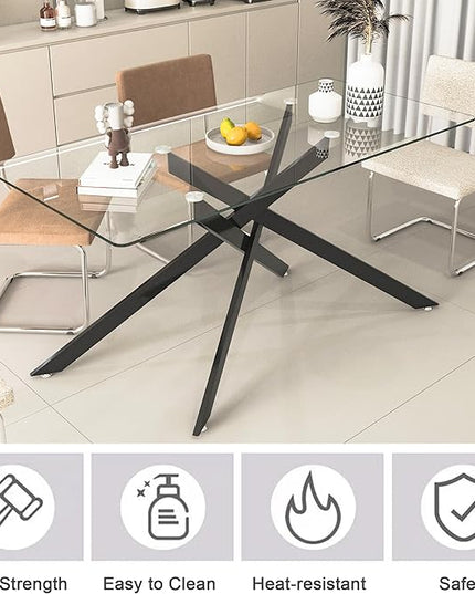 5 Piece Glass Dining Table Set, Glass Kitchen Dining Room Table Set for 4, 61" Modern Rectangular Black Glass Metal Dining Table with 4 Black PU Leather Dining Chairs for Kitchen Dining Room
