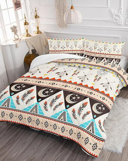 AILONEN Tribal Geometric Comforter Set Queen Size, Native American Dreamcatcher Bedding Set,American Indian Ethnic Geometric Seamless Pattern Duvet Set 3 Pieces, 1 Quilt and 2 Pillowcases