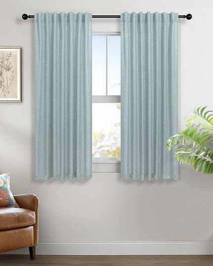 Pitalk Aqua Curtains 45 inch Length for Bedroom 2 Panels Rod Pocket Back Tab Lightweight Linen Semi Sheer Short Coastal Summer Sea Green Seafoam Curtains for Living Room Bathroom Home Office Teal