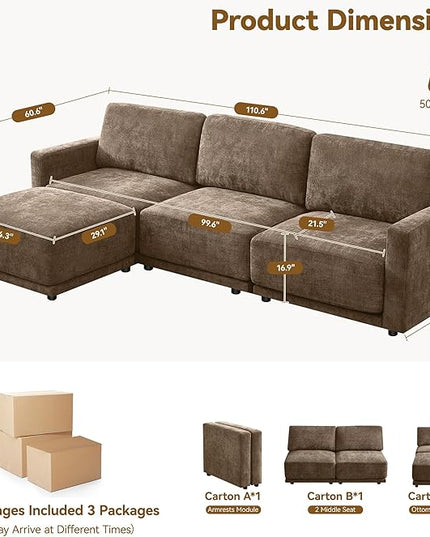 110.6" L Shaped Modular Sectional Sofa Modern Chenille Comfy Couch with Thickened Seat Cushions, Easy Assembly, Upholstered 4 Seater Couch with Movable Ottoman for Living Room, Brown