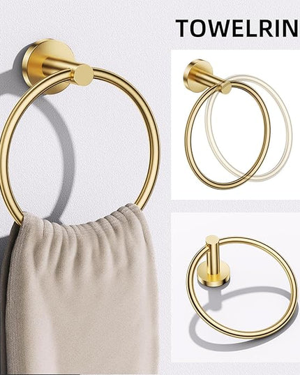 TURS Brushed Gold 5 Piece Bathroom Hardware Set, SUS304 Stainless Steel Bath Towel Bar Set, Bathroom Towel Rack Set Wall Mounted