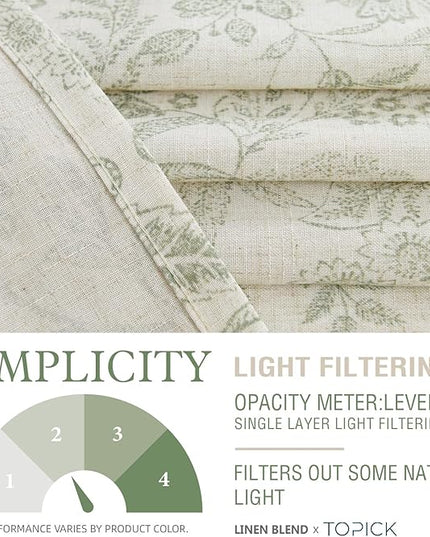 Lazzzy Linen Farmhouse Curtains for Living Room 90 Inch Length Floral Print Window Curtains Semi Sheer Drapes for Bedroom Country Light Filtering Curtain Grommet Top 2 Panels Green on Beige
