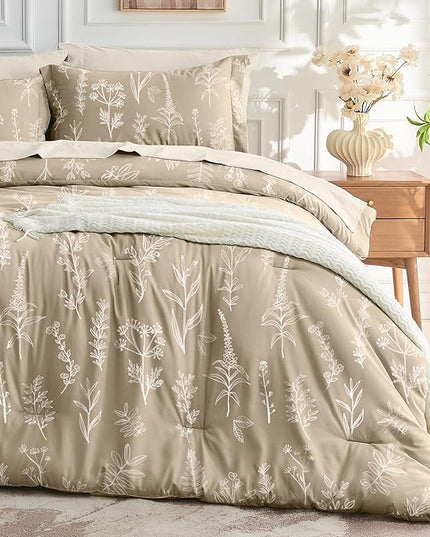 MUXHOMO Taupe Bed in a Bag King 7 Pieces, King Comforter Set Reversible Botanical Flowers Design, Ultra Soft & Breathable Bedding Sets with Comforter, Sheets, Pillowcases & Shams