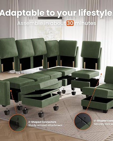 CHIC HOUSE Corduroy Modular Sectional Couch with Ottoman Chaise, L/U Shaped Sleeper Sofa for Living Room, Apartment, Lounge, Modern Armrest Neck Support Furniture (4 Seater Sectional, Green)