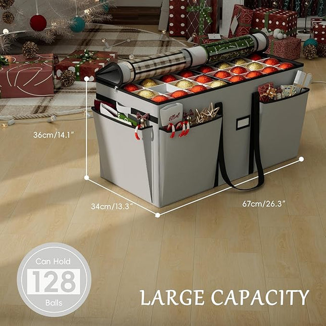 VERONLY Christmas Ornaments Storage Box with Adjustable Dividers - 8 Layers & 128 Compartments, Large Ornament Organizer with Lid for Xmas Decorations, Shatterproof Tray Design, 600D Oxford