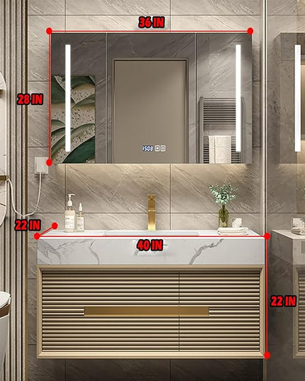 Golden Bathroom Vanity - 40IN Modern Luxurious Bathroom Vanity with Sink with Smart LED Defogging Mirror & Metal Elements & Hidden Handle | Unique Striped Design & Large Capacity Storage Space