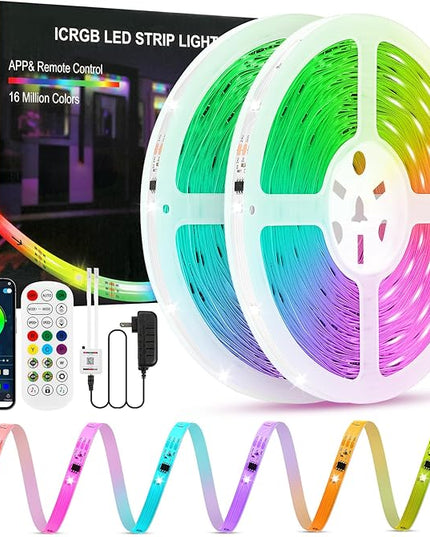 Led Lights for Bedroom, IC+RGB 100FT(2 Rolls of 50ft) Strip Lights, 24Key Remote with App Control, Music Sync Color Changing Lights for Room Decor Party
