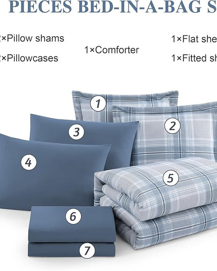 MaiRêve Plaid Queen Comforter Sets, Light Blue Grid Farmhouse Bedding Set Bed in A Bag, Classic Checkered Comforter Sets with Fitted & Flat Sheet, Pillowcases & Shams(Light Blue, 90"x90")