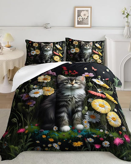 AILONEN Cute Cat Comforter Set Full Size,Beautiful Flower Printed Bedding Set for Boys Girls,Cartoon Pet Cat Animal Themed Quilt with 2 Pillowcases,3Pcs