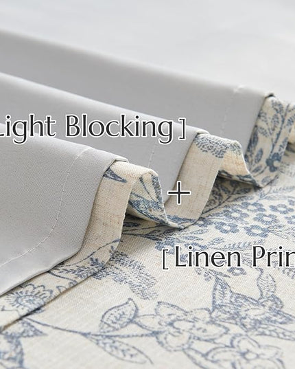 Lazzzy Blue Floral Lined Curtains Farmhouse Linen 84 Inches Length Grommet Top Drapes for Living Room Bedroom Flower Patterned Country Vintage Curtains 2 Panels Set Green on Beige