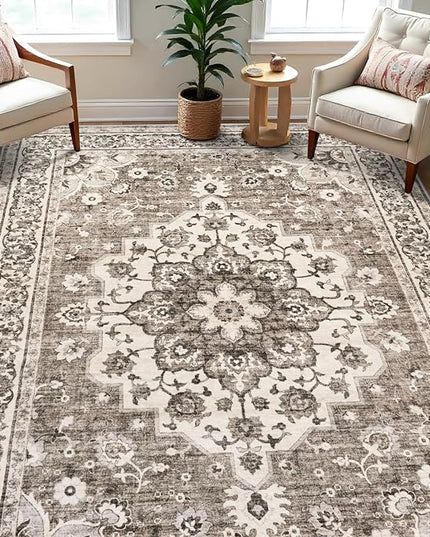 Washable Oriental Area Rug - 7x9 Rugs for Living Room Soft Carpet for Bedroom Waterproof Floral Distressed Indoor Stain Resistant Non-Shedding Floor Carpets (Beige, 7x9)