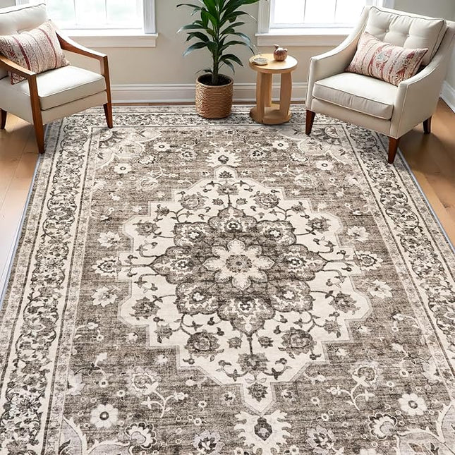 Washable Oriental Area Rug - 7x9 Rugs for Living Room Soft Carpet for Bedroom Waterproof Floral Distressed Indoor Stain Resistant Non-Shedding Floor Carpets (Beige, 7x9)