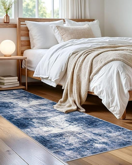 IOHOUZE Abstract Runner Rug 2x6 Ft Washable Runners for Hallways, Non Slip Kitchen Runner Printed Faux Wool Entryway Runner Indoor, Modern Abstract Floor Carpet for Hall Kitchen Bedroom, Navy/Grey