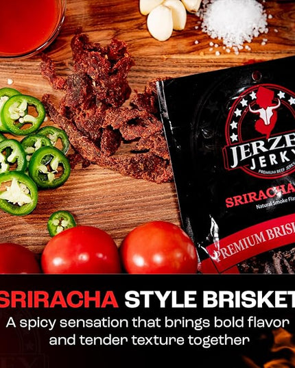 Jerzey Jerky Sriracha Style Brisket Jerky 2.5oz (2 Pack) – High Protein, Gluten Free and Healthy Beef Snacks with Rich, Authentic Flavor