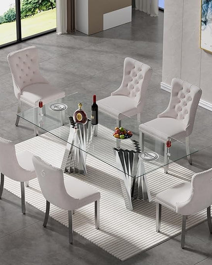 SSLine Modern 70" Glass Dining Table Set for 6, Kitchen Dinner Table with Stainless Steel Base and 6 Velvet Dining Chairs