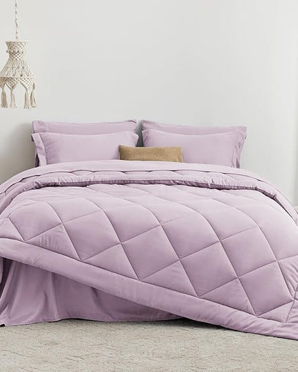 Love's cabin California King Comforter Set Light Purple, 7 Pieces California King Bed in a Bag, All Season Bedding Sets with 1 Comforter, 1 Flat Sheet, 1 Fitted Sheet, 2 Pillowcase and 2 Pillow Sham