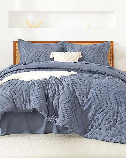 Litanika Full Size Comforter Set with Sheets Bluish Grey - 7 Pieces Bed in a Bag Full Chevron Tufted Complete Bedding Sets with Comforter, Sheets, Pillowcases & Shams