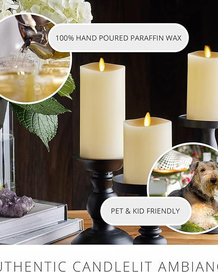 Luminara Realistic Flameless LED Set of 3 Ivory Pillar Candles, Home Safe Moving Flame Melted Top Illumination, Battery Operated Remote Control w/Timer