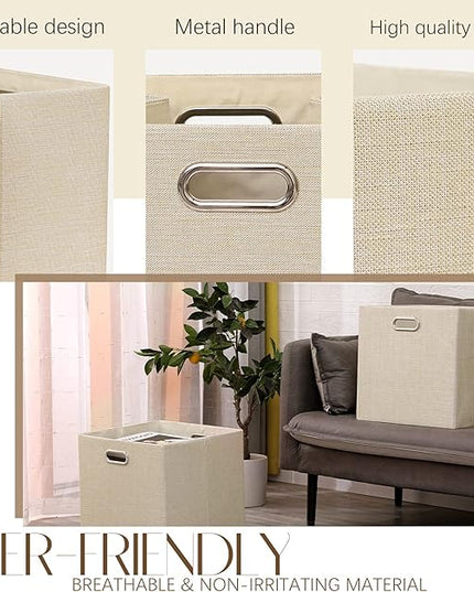 Cube Storage Bins 13×13 Inch Linen Foldable Box with Handles, Collapsible Organization Basket Set of 4 Large Capacity Drawer for Closet Shelf Cabinet Bookcase Bedroom, Beige