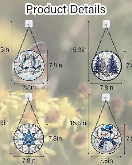 Stained Glass Window Hanging 4 Pcs Set White Winter Christmas Snow Scene 7.8" - Suncatcher Door Garden Sun Catcher Decor Birthday for Mom Woman Nana Men Friend Wife