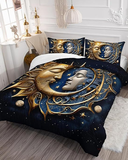 AILONEN Sun and Moon Comforter Set Twin Size, Boho Exotic Style Bedding Sets for Boys Girls Adult,Blue Gold Bohemian Mandala Decor Comforter 3 Pieces, Bohemian Celestial Comforter with 2 Pillowcases