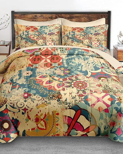 Comforter Set Queen Size, Vintage Colorful Flower 7 Pcs Bedding for Kids and Adults, Floral Retro Beige Bed Sheet Sets with Fitted Sheet 2 Pillowcases & 2 Shams for Bedroom Bed Decor