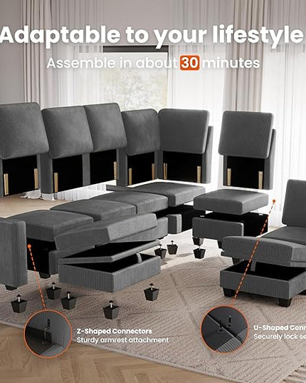 CHIC HOUSE Corduroy Modular Sectional Couch with Ottoman Chaise, L/U Shaped Sleeper Sofa for Living Room, Apartment, Lounge, Modern Armrest Neck Support Furniture (7 Seater Sectional, Dark Grey)