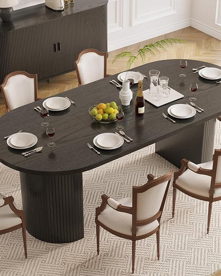 ONBRILL 70.8 Inch Dining Table for 4-6, Oval Dining Room Table with Curved Fluted Wood Strip Base, Mid-Century Modern Kitchen Tables with Footpads, Dinner Tables for Living Room, Dining Room, Black