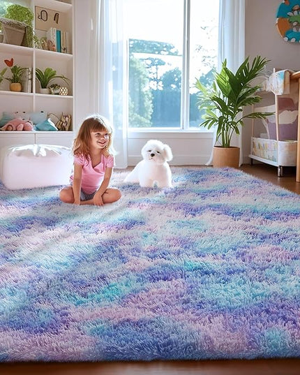 Ophanie Rainbow Purple Rug for Bedroom Girls, Kids Fluffy Kawaii Fuzzy Furry Shag Area Rug, Cute Plush Soft Shaggy Bedside Indoor Floor 4x6 Carpet for Teen Nursery Dorm Home Room Decor Aesthetic