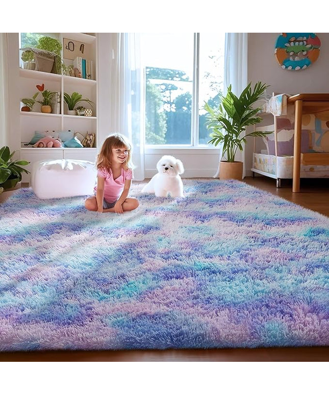 Ophanie Rainbow Purple Rug for Bedroom Girls, Kids Fluffy Kawaii Fuzzy Furry Shag Area Rug, Cute Plush Soft Shaggy Bedside Indoor Floor 4x6 Carpet for Teen Nursery Dorm Home Room Decor Aesthetic