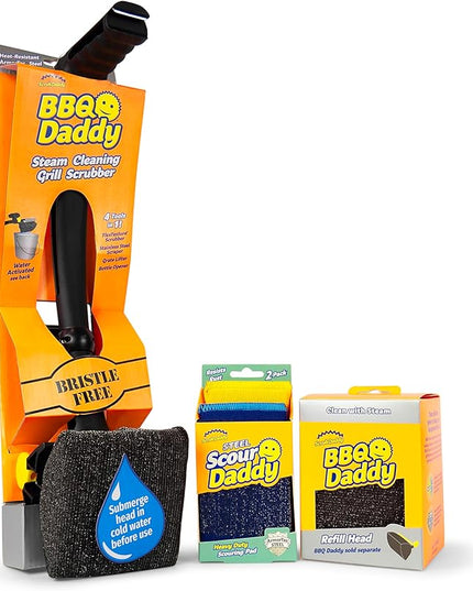 Scrub Daddy BBQ Grill Cleaner Kit - Bristle Free Grill Brush with Refill + Scour Daddy Steel Sponge - Temperature-Controlled Tools - Cut Through Charred Buildup (4 Count)