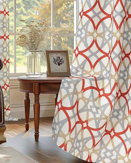 DriftAway Alexander 100% Blackout Curtains for Living Room Linen Blend Pattern Match Thermal Insulated Room Darkening Geo Moroccan Mid Century Grommet Bedroom Drapes 2 Panels 52 x 63 Inch Linen Red